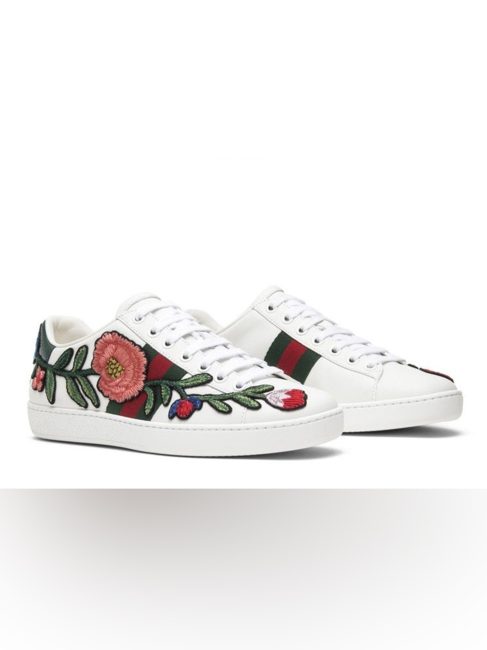 Gucci Ace Leather Low-Top Sneakers with Floral Embroidery